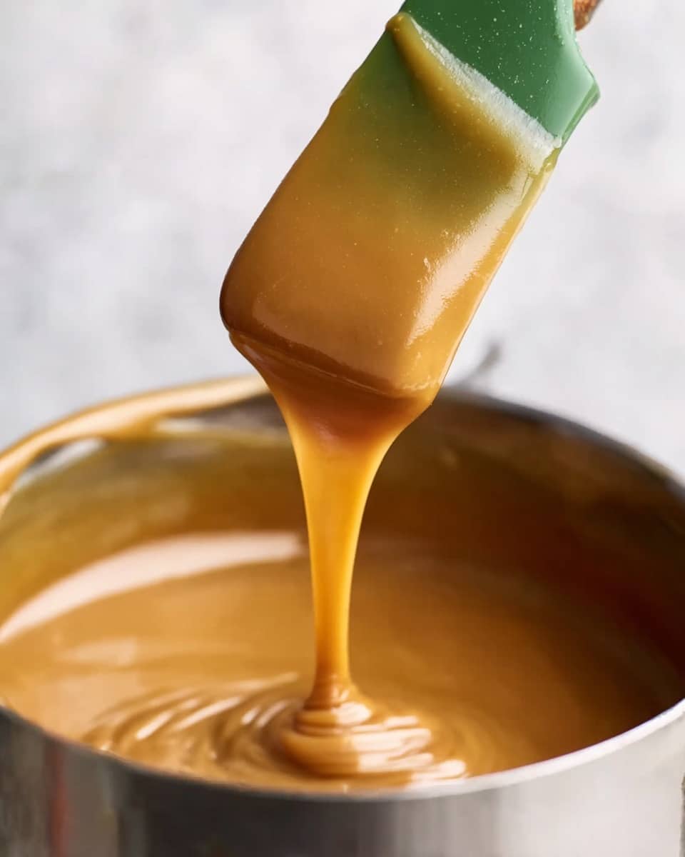 A close-up view of thick, smooth caramel-colored sauce slowly dripping from a green spatula into a metal pot. The sauce is creamy and shiny, with a rich, even consistency. The background has a soft white marbled texture that is out of focus, highlighting the sauce and spatula. photo taken with an iphone --ar 4:5 --v 7