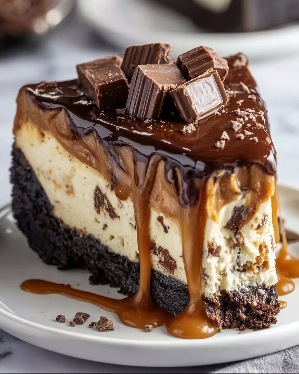 A slice of rich dessert with four visible layers sits on a white plate on a white marbled surface. The bottom layer is a dense, dark chocolate crust with a rough texture. Above it, there is a thick creamy layer with specks of chocolate mixed inside, light beige in color. Over this, there is a layer of smooth caramel sauce dripping over the sides. On top, a shiny dark chocolate glaze covers the slice, with several square pieces of dark chocolate placed in the center. Caramel sauce runs down the sides onto the plate, adding contrast to the dark and creamy layers. Photo taken with an iphone --ar 4:5 --v 7