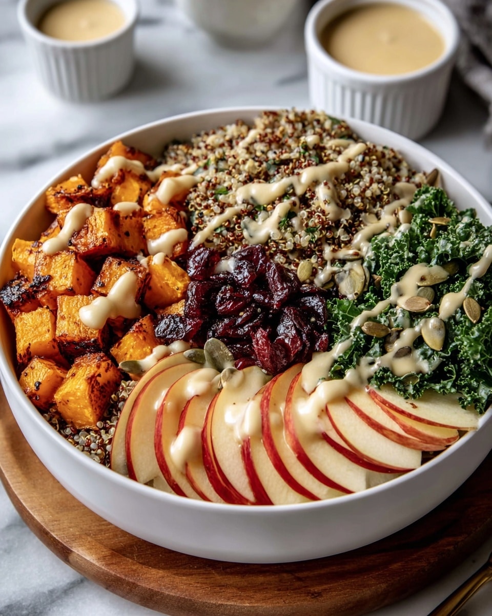 A white bowl filled with five layers arranged side by side: bright orange roasted squash cubes with a slightly charred texture on the top left; dark red dried cranberries placed next to the squash; fluffy mixed quinoa with green herbs and seeds scattered throughout under the cranberries; thinly sliced red and white apple pieces fanned out neatly on the bottom right; and finely chopped green kale with some seeds on the top right. A light cream-colored sauce is drizzled over the whole bowl in thin lines. The bowl sits on a wooden coaster on a white marbled surface, with small white ramekins of sauce in the background. photo taken with an iphone --ar 4:5 --v 7