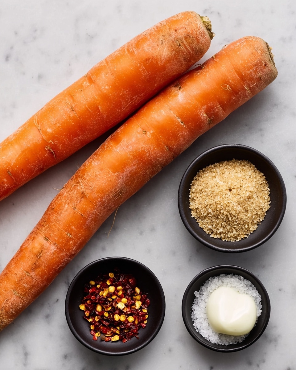 Two large orange carrots with rough skin lie side by side on a white marbled surface. Below the carrots, there are four small round bowls in a row. The first bowl contains red chili flakes with yellow seeds, the second bowl has a white creamy substance, the third bowl holds light brown sugar, and the fourth bowl contains white salt crystals. The bowls are simple and black, contrasting with the bright colors of the ingredients. Photo taken with an iphone --ar 4:5 --v 7