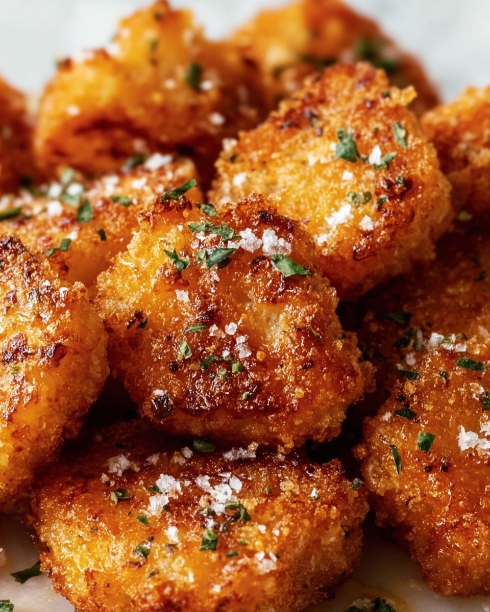 The image shows a close-up view of several golden-brown, crispy pieces of fried food, likely nuggets, with a crunchy textured coating. Each piece has a rough surface with small browned spots indicating frying. Sprinkled white flakes of salt and small green herb bits are scattered on top. The pieces overlap and fill the frame, emphasizing their crispy, crunchy texture and warm color. The background is a white marbled texture. photo taken with an iphone --ar 4:5 --v 7