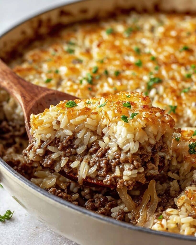 Beefy Rice Casserole with Mushrooms and Cheesy Topping Recipe
