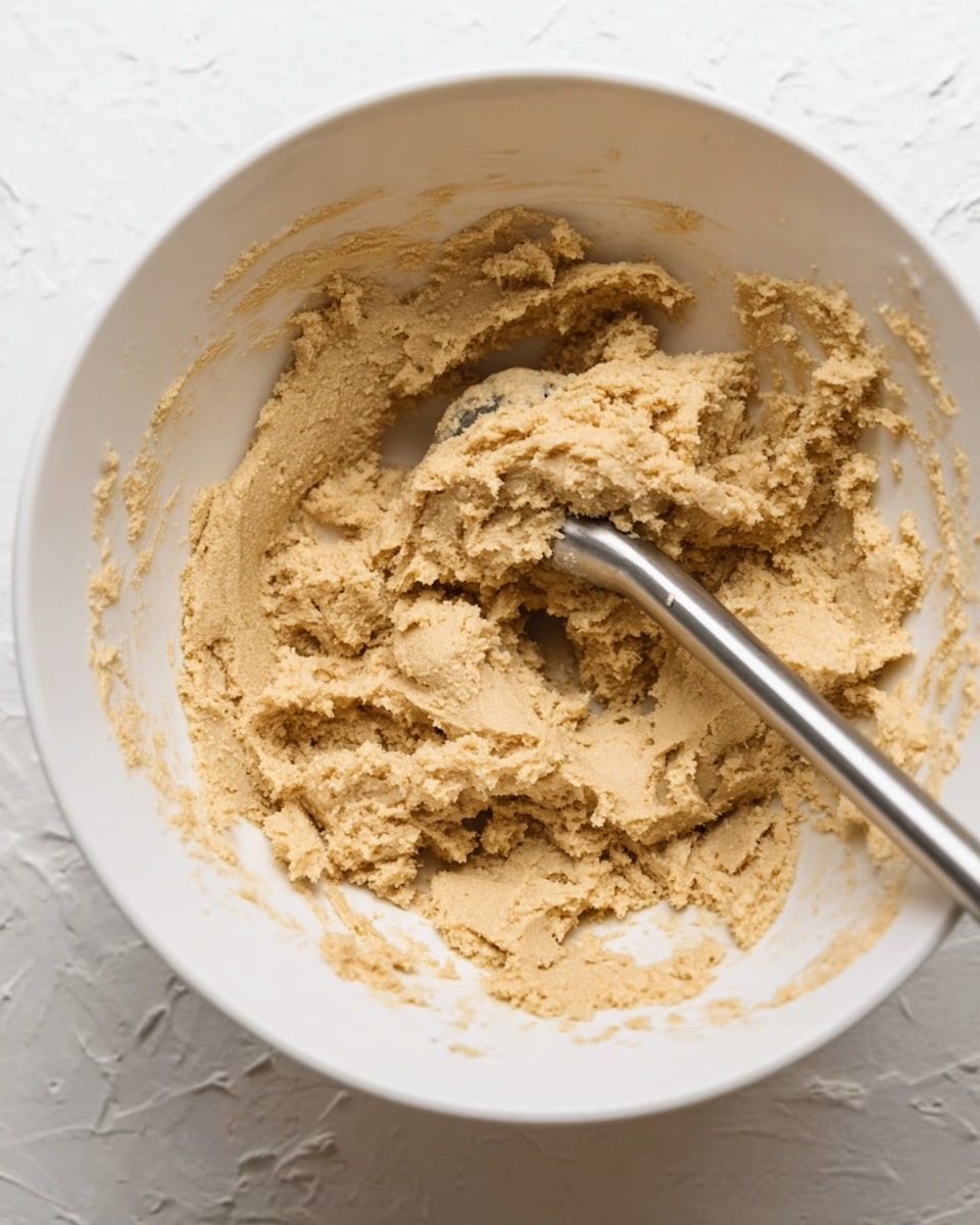 The image shows a white bowl containing light brown dough with a grainy and thick texture. A metal utensil with a curved scoop and a handle is partially buried in the dough, positioned towards the center of the bowl. The dough spreads unevenly inside the bowl, clinging to the sides and creating varied shapes and small peaks. The background surface is white with a marbled texture. Photo taken with an iphone --ar 4:5 --v 7