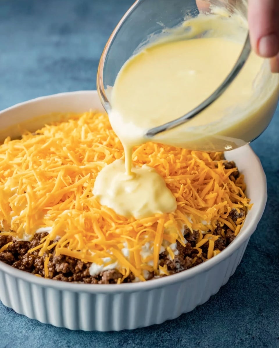 A white round dish shows three layers: the bottom layer is brown cooked ground meat, the middle layer is bright orange shredded cheddar cheese spread evenly on the meat, and the top layer is a thick pale yellow creamy sauce being poured from a clear glass bowl onto the cheese. The dish sits on a blue surface, and a woman's hand holds the glass bowl as the sauce flows smoothly over the cheese layer. The scene has a close-up view with soft natural lighting, highlighting the mix of colors and textures photo taken with an iphone --ar 4:5 --v 7