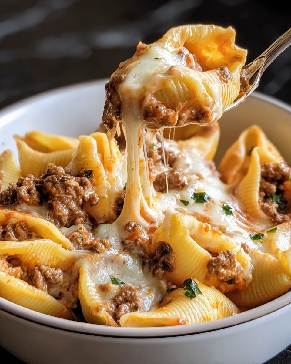 This image shows a close-up of a white bowl filled with layered pasta shells stuffed and topped with cooked ground meat. The pasta shells are a light yellow color, with some parts showing melted creamy cheese that is stretching as a spoon lifts one portion from the bowl. The filling inside the shells is a rich brown meat mixed with bits of herbs. The melted cheese on top is shiny and smooth, covering parts of the meat and pasta with a creamy light color. Small green herb bits are sprinkled over the dish giving a touch of freshness. The bowl sits on a white marbled surface. Photo taken with an iphone --ar 4:5 --v 7