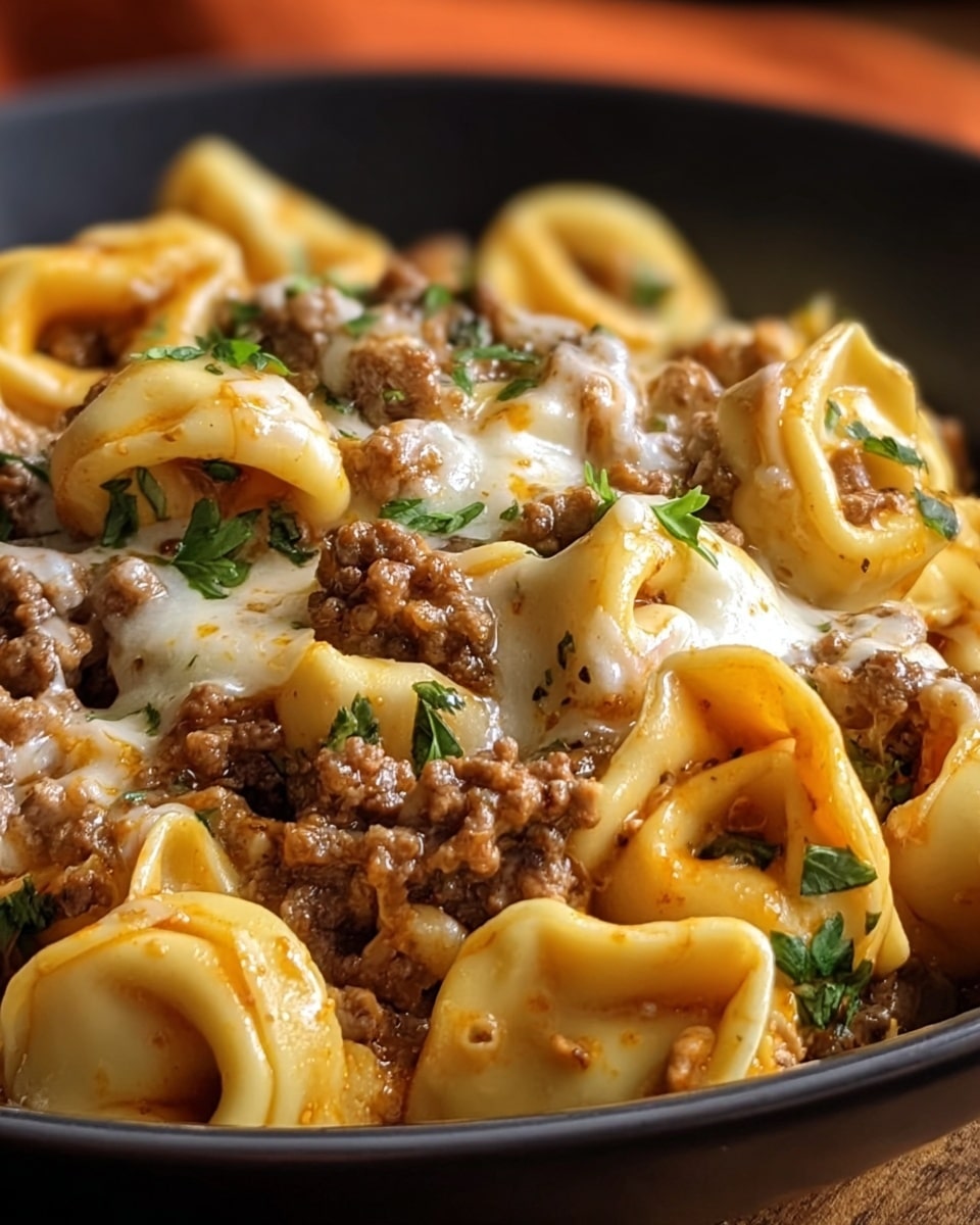 A close-up of a black bowl filled with tortellini pasta mixed with browned ground meat and melted cheese on top. The tortellini are light yellow with a soft and slightly glossy texture, and the ground meat is crumbly and brown, spread evenly throughout the dish. Some green parsley leaves are sprinkled on top as garnish. The cheese appears creamy and slightly stringy, melting over the pasta and meat, blending all layers together. The background is softly blurred with warm tones. photo taken with an iphone --ar 4:5 --v 7