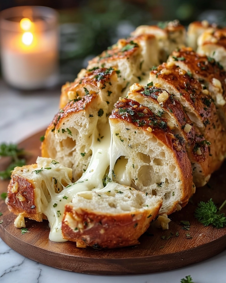 The image shows a loaf of bread sliced into thick pieces, filled with melted white cheese pulling apart between the sections. The bread has a golden brown crust, dotted with small bits of toasted garlic and sprinkled with fresh green herbs on top. The inside bread is soft and light with visible air pockets. The loaf is placed on a round wooden board with a blurred background that includes a small lit candle and some green leaves, all on a white marbled surface. photo taken with an iphone --ar 4:5 --v 7