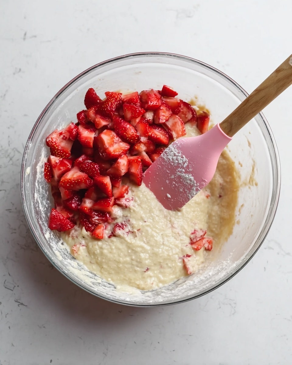 A clear glass bowl with a mixture of light creamy batter as the base layer, textured with small lumps that show it is thick. On one side of the batter, there is a pile of chopped bright red strawberries with small seeds and juicy flesh, adding a fresh, colorful layer on top. A pink silicone spatula with a light wooden handle rests inside the bowl, partly covered in flour and batter, angled slightly down into the mixture. The bowl sits on a surface with a white marbled texture, creating a clean and simple background. Photo taken with an iphone --ar 4:5 --v 7
