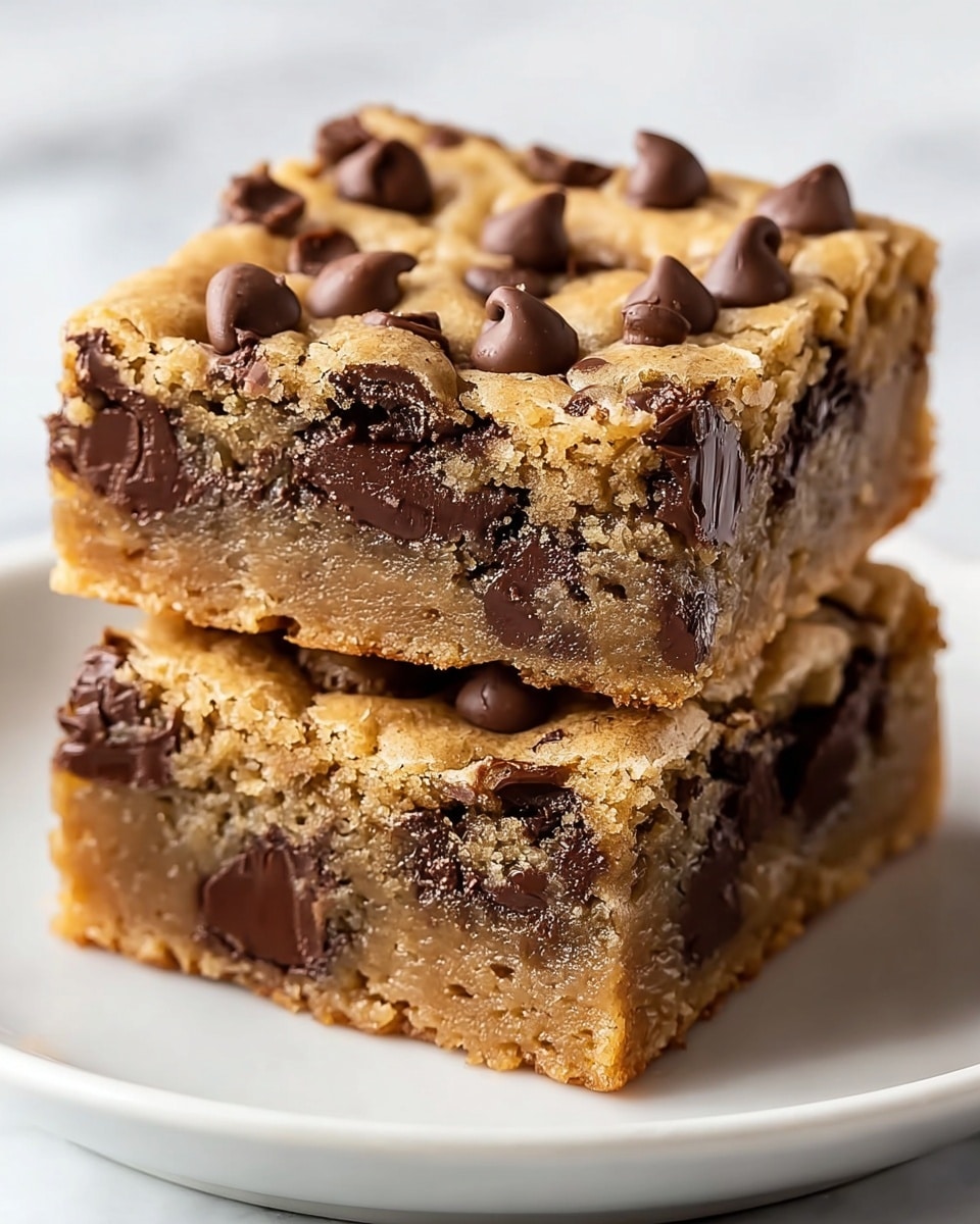 Two square cookie bars stacked on a white plate set on a white marbled surface, each bar with a golden-brown crust on top covered in scattered dark chocolate chips, and a thick middle layer filled with large chunks of melted chocolate and cookie dough with a crumbly texture. The top bar sits slightly off-center on the bottom one, showing the dense, moist interior of the cookie bars. Photo taken with an iphone --ar 4:5 --v 7