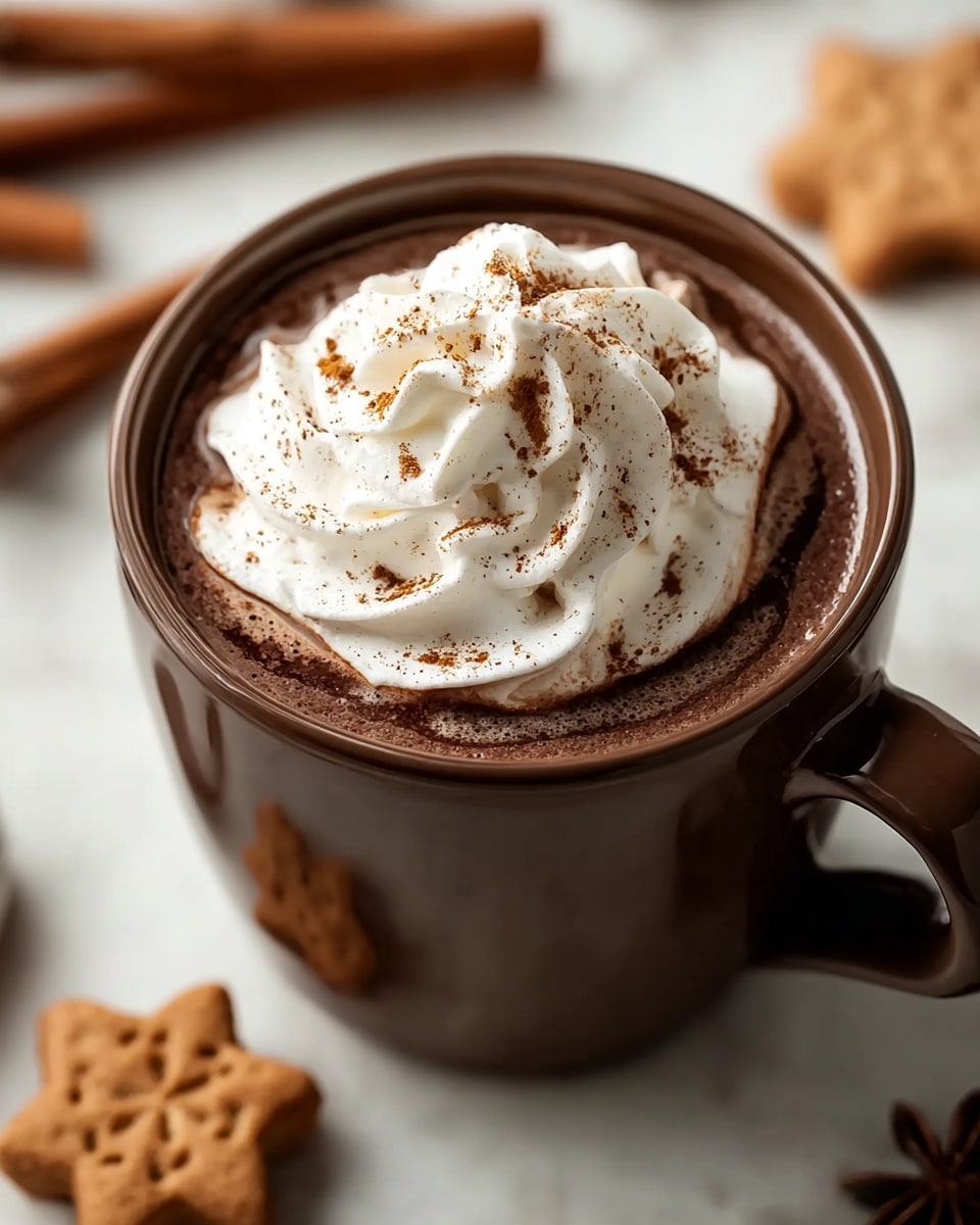 A close-up view of a brown ceramic mug filled with dark brown hot chocolate, topped with a thick swirl of white whipped cream. The whipped cream is sprinkled with a light dusting of brown cinnamon powder. The mug sits on a white marbled surface with blurred cinnamon sticks and a star-shaped cookie in the background, adding warm, cozy tones to the scene. The photo taken with an iphone --ar 4:5 --v 7