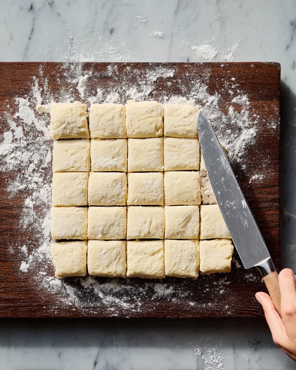 A rectangular piece of dough is laid out on a dark wooden board sprinkled with white flour. The dough is cut into 20 even square pieces arranged in 4 rows and 5 columns. A woman's hand is holding a large silver knife on the right side of the board, ready to cut along the lines. The background has a white marbled texture. photo taken with an iphone --ar 4:5 --v 7