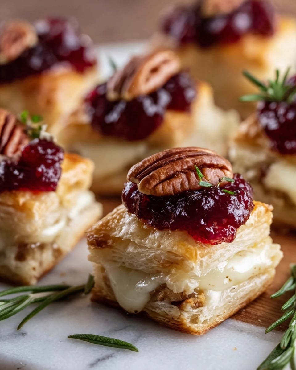 The image shows small square puff pastry bites on a white marbled surface. Each bite has three layers: the bottom and top layers are golden-brown puff pastry with a light, flaky texture, and the middle layer is melted white cheese oozing slightly. On top of each pastry, there is a dollop of deep red cranberry sauce, which looks thick and glossy. A single pecan half sits on the cranberry sauce, giving a crunchy texture, and a small green rosemary sprig is placed next to the pecan for a fresh look. The bites are arranged close together, with a few scattered rosemary sprigs around them. Photo taken with an iphone --ar 4:5 --v 7