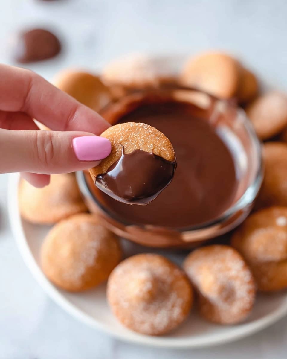 A close-up image shows a woman's hand with pink nail polish holding a small round, light brown cookie half dipped in thick, dark chocolate. Below it, there is a white plate filled with many more of the same cookies. In the center of the plate, there is a small round bowl filled with smooth dark chocolate for dipping. The background has a soft white marbled texture, making the food the main focus. photo taken with an iphone --ar 4:5 --v 7