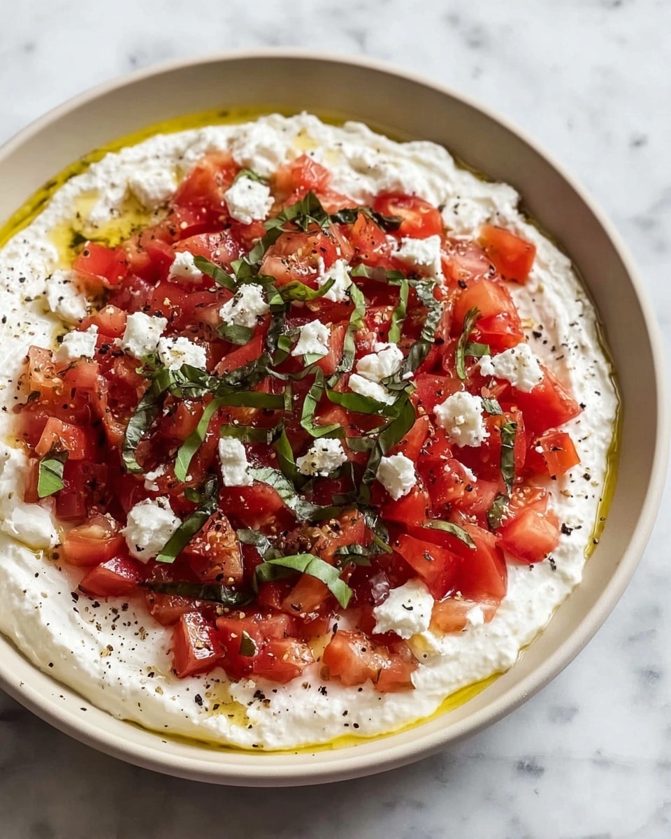 A white bowl is filled with a creamy white yogurt base as the first layer, smooth and thick. On top, there's a generous amount of small, bright red tomato pieces scattered evenly, giving a fresh and juicy texture. Thin, dark green strips of basil are layered over the tomatoes, adding vibrant color contrast. Small white chunks of feta cheese are sprinkled across the top, adding a crumbly texture that stands out against the red tomatoes. Drizzles of golden olive oil shine over the entire dish, and a light sprinkle of black pepper completes it. The bowl is placed on a white marbled surface. photo taken with an iphone --ar 4:5 --v 7