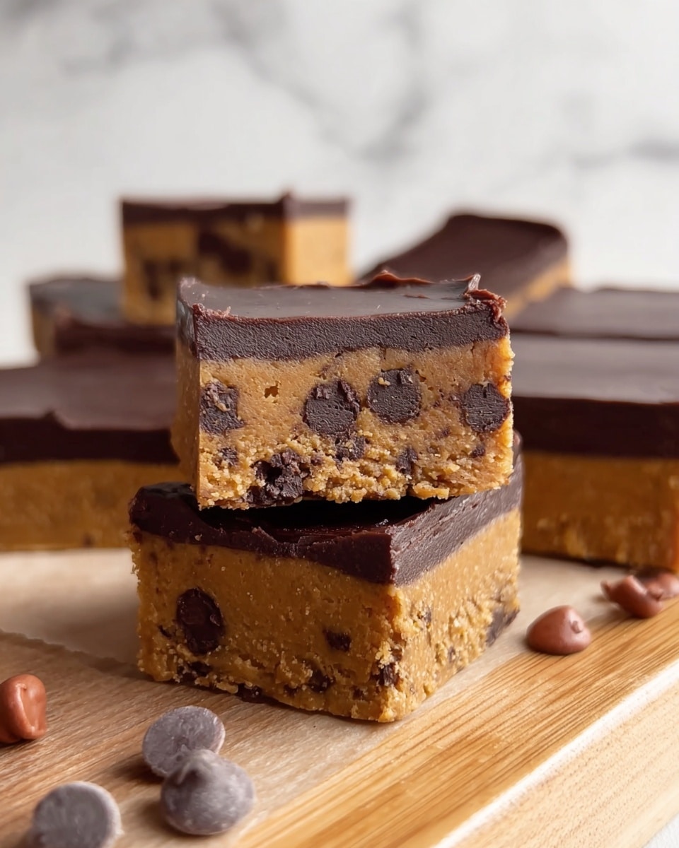 The image shows a close-up of thick square bars with two layers. The bottom layer is a thick, light brown dough with a soft and crumbly texture that has dark chocolate chips mixed inside. The top layer is a smooth, dark brown chocolate layer, which looks firm and glossy, evenly covering the base. Multiple bars are stacked and placed on a wooden surface, with one bar standing upright on another, showing the inside texture clearly. Small chocolate chips are scattered near the bars. The background is a white marbled texture. Photo taken with an iphone --ar 4:5 --v 7