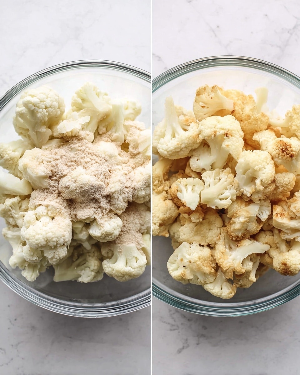 The image shows two clear glass bowls placed side by side on a white marbled surface, each filled with cauliflower pieces. The left bowl contains raw cauliflower florets topped with a fine, light beige powdery seasoning, evenly spread across the cauliflower's white and light tan surfaces. The right bowl shows the cauliflower after cooking or roasting, with the florets having a slightly browned, golden texture along the edges and pockets, giving a warm and cooked appearance while still mostly white. The cauliflower florets are piled loosely inside both glass bowls. Photo taken with an iphone --ar 4:5 --v 7