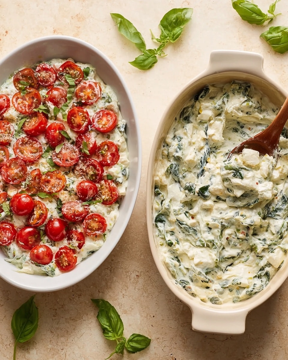A white bowl filled with a creamy mixture that has white, soft-looking chunks and green leafy bits spread evenly throughout; a wooden spoon rests inside the bowl, partially buried in the mixture. Next to it, a white oval dish contains the same creamy mixture topped with many halved cherry tomatoes scattered all over, showing their bright red inner flesh and seeds. Both dishes are placed on a beige surface with scattered fresh green basil leaves around. Photo taken with an iphone --ar 4:5 --v 7