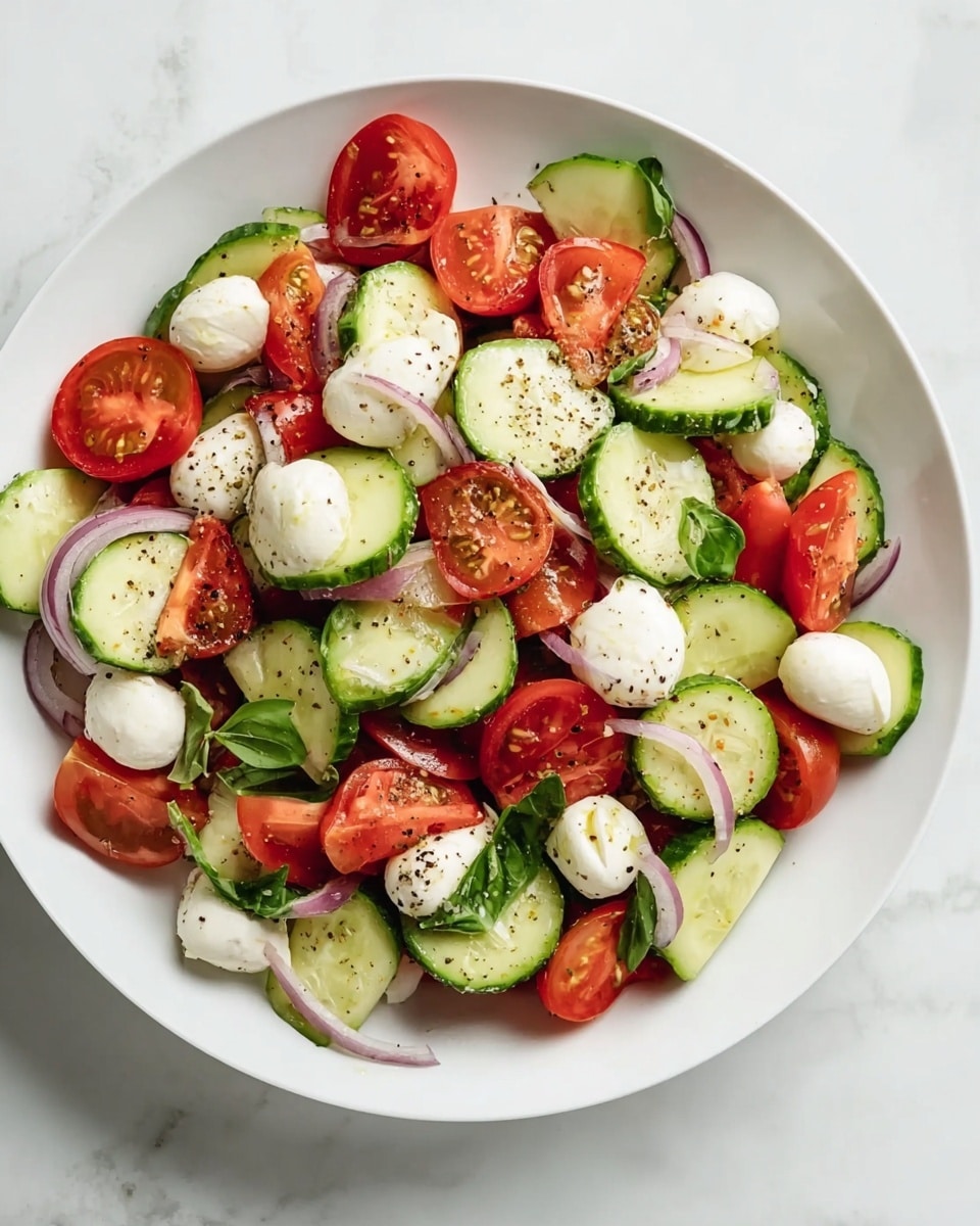 A white plate filled with a fresh vegetable salad featuring three main layers: bright red cherry tomato halves that show their juicy inside, thick round cucumber slices with dark green skin and light green centers, and small white mozzarella cheese balls scattered evenly throughout. Thin slices of purple onion are mixed in, adding a pop of color. The salad is lightly sprinkled with coarse black pepper and glistens with a light dressing. A few green basil leaves peek out at the edges of the bowl. The plate sits on a white marbled surface. Photo taken with an iphone --ar 4:5 --v 7