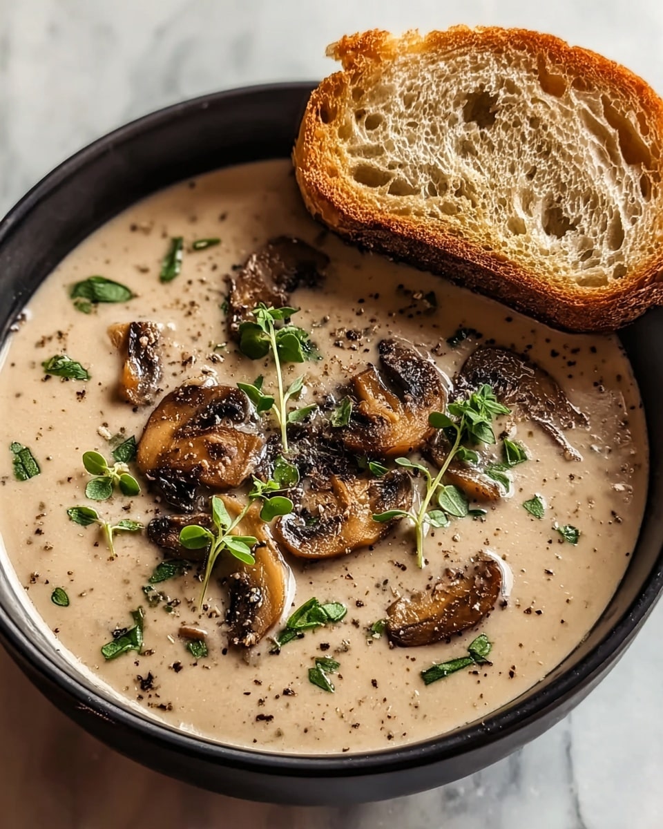 A black bowl filled with creamy beige mushroom soup that has visible small chunks and slices of browned mushrooms on top. The soup is sprinkled with small fresh green herb leaves and a few cracks of black pepper. A slice of toasted bread with a golden brown crust and airy texture is resting on the edge inside the bowl. The bowl is placed on a white marbled surface. photo taken with an iphone --ar 4:5 --v 7