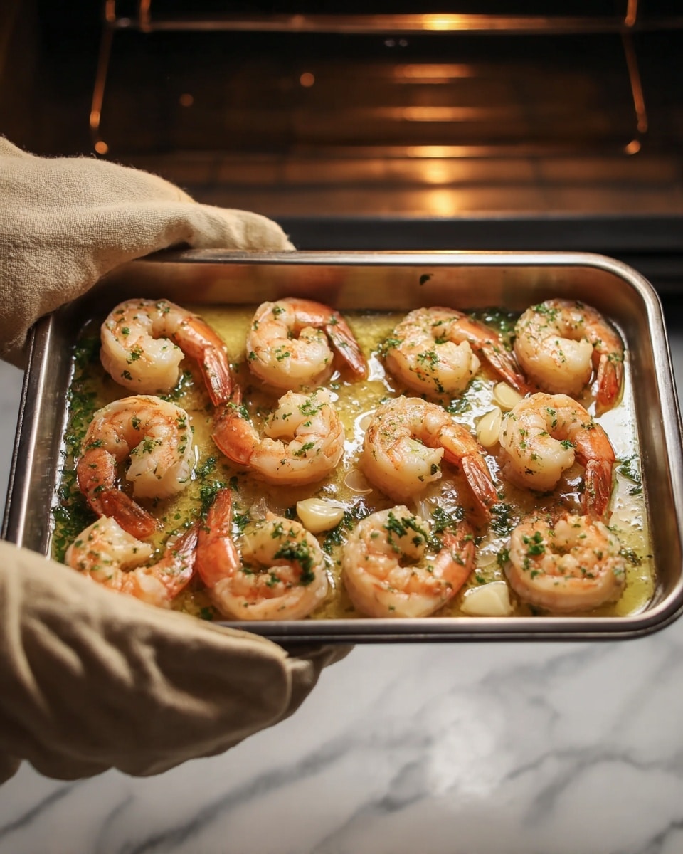 A metal rectangular baking tray is filled with cooked shrimp arranged in two uneven rows, eight shrimp in total. Each shrimp has a light pink to orange color with visible seasoning of green herbs scattered on top and small pieces of garlic around. The shrimp sit on a sauce or melted butter base that has a light yellow color mixed with herbs. Two woman's hands wearing beige oven mitts are holding the tray inside an oven with a warm, dim lighting that highlights the shrimp's texture. The background surface is a white marbled texture. Photo taken with an iphone --ar 4:5 --v 7
