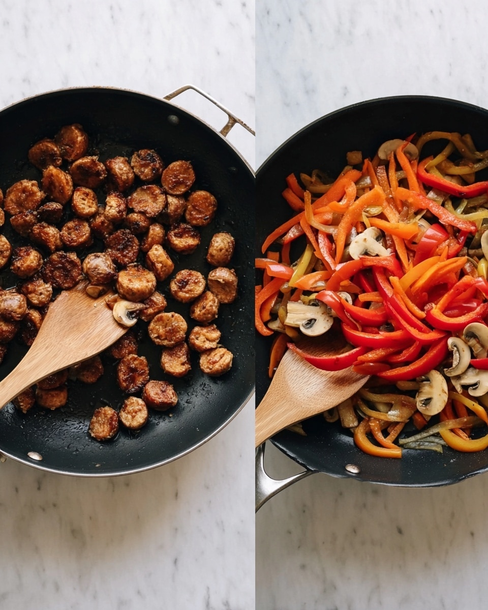 The image shows two side-by-side black pans on a white marbled surface. The left pan contains many small, round, brown pieces that are cooked and slightly darkened on the edges, being stirred with a wooden spatula. The right pan holds sliced vegetables including red bell pepper strips, orange carrot strips, and light brown mushroom slices, all lightly cooked and mixed together, also stirred by a wooden spatula. The overall look is warm with brown, red, and orange tones contrasted by the black pans and white marbled background photo taken with an iphone --ar 4:5 --v 7