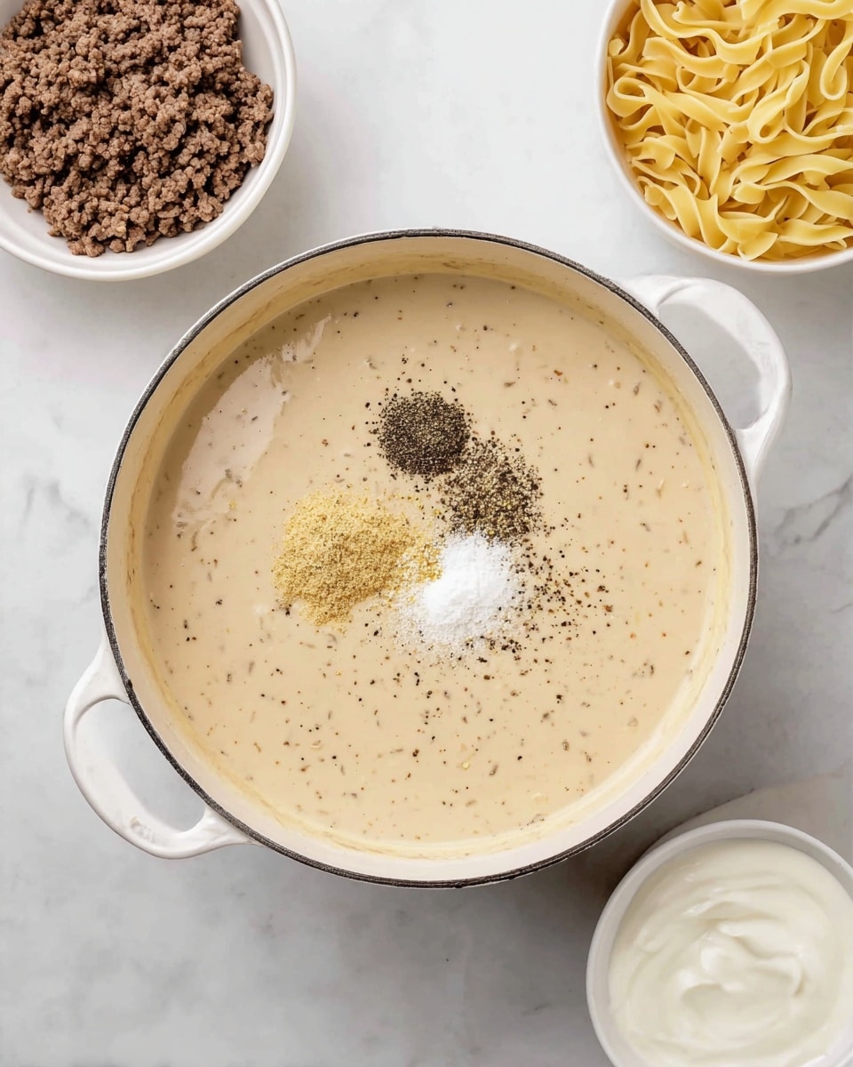 A white pot with two handles sits on a white marbled surface, filled with a creamy light beige sauce. On top of the sauce, there are three distinct piles of seasonings: black pepper, white salt, and a light yellow powder. Around the pot, there are three white bowls: one with cooked ground beef with a crumbly texture placed near the upper left, one with pale yellow cooked egg noodles positioned at the upper right, and a smaller bowl with white sour cream on the right side. The overall scene is bright and clean, focusing on the creamy sauce and its seasonings ready for mixing photo taken with an iphone --ar 4:5 --v 7