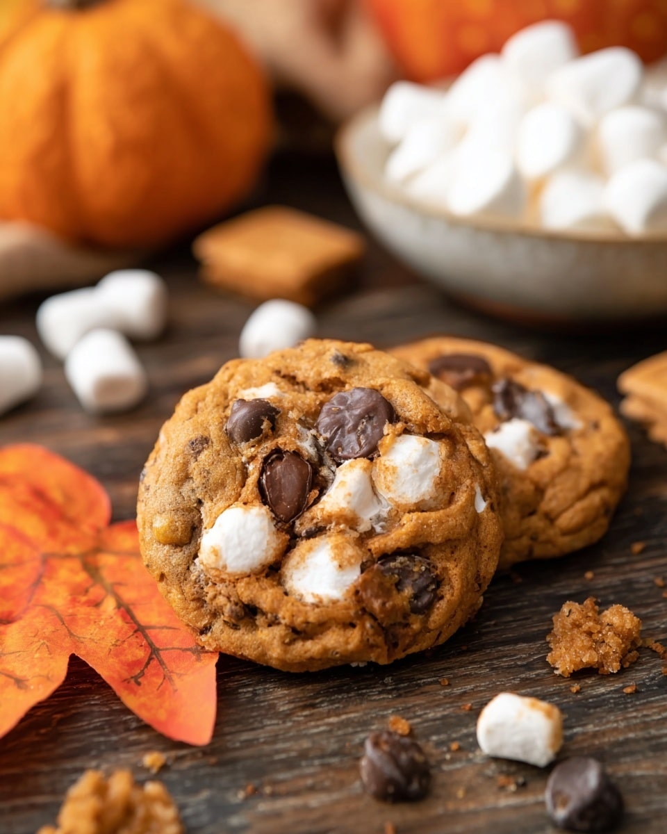 Two soft, round cookies are shown resting on a dark wooden surface with an orange fall leaf beneath. The cookies have a light brown color with visible melted white marshmallow pieces and dark brown chocolate chips scattered on top. There are small white marshmallows and crumbly pieces of graham crackers around the cookies. In the background, an orange pumpkin and a white bowl filled with more marshmallows are slightly out of focus. The scene has a warm, cozy fall feel. Photo taken with an iphone --ar 4:5 --v 7