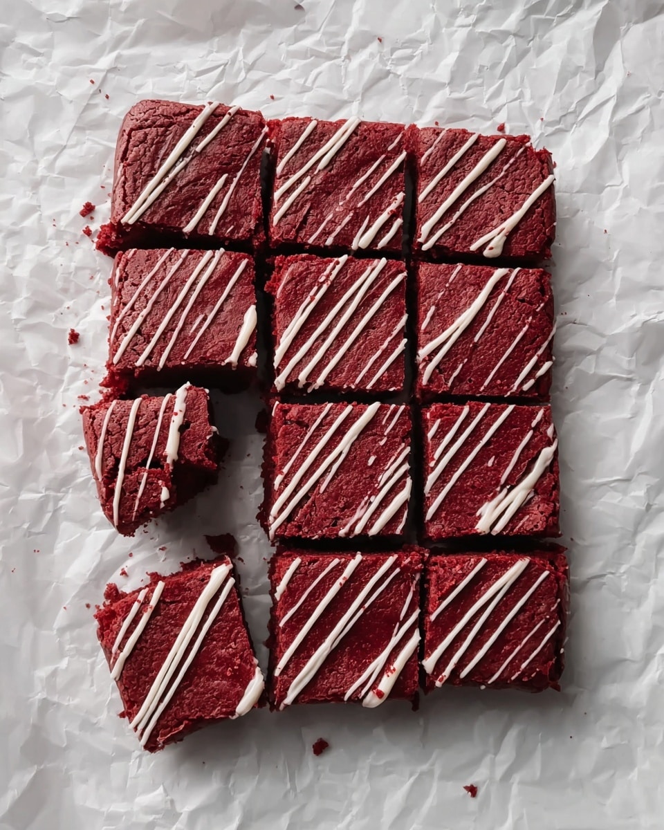 A square batch of red velvet brownies is shown on crumpled white parchment paper over a white marbled surface. The brownies are cut into 15 equal square pieces arranged in three full rows and one partial row, with one piece missing in the bottom left corner. Each brownie is deep red with a slightly moist texture and is decorated with thin, uneven white icing drizzles across the top. A woman's hand partially bitten brownie is resting near the bottom left side of the arrangement. Photo taken with an iphone --ar 4:5 --v 7