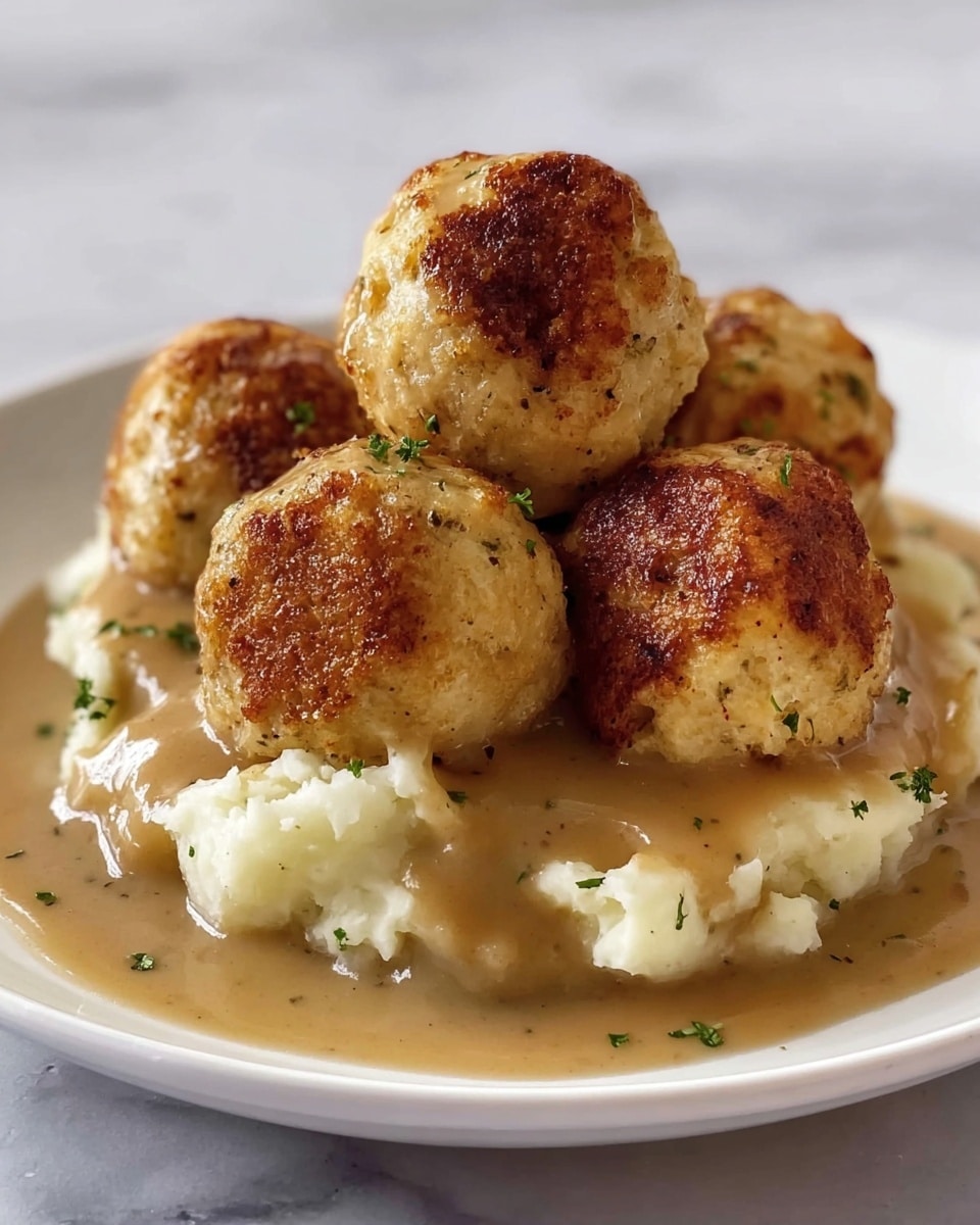 The image shows a white round plate filled with six golden brown biscuit balls arranged in a small pile, with some biscuits resting on a base layer of creamy mashed potatoes. The biscuit balls have a crispy, textured surface with some darker brown spots, and the mashed potatoes beneath appear smooth with small bits of green herb sprinkled. Creamy light brown gravy is generously poured over the top of the biscuit balls and mashed potatoes, creating a glossy, moist appearance. The background is a white marbled surface. Photo taken with an iphone --ar 4:5 --v 7