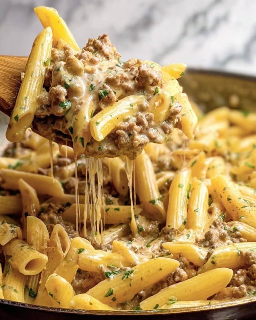 Cheesy Ground Beef Pasta Skillet Recipe
