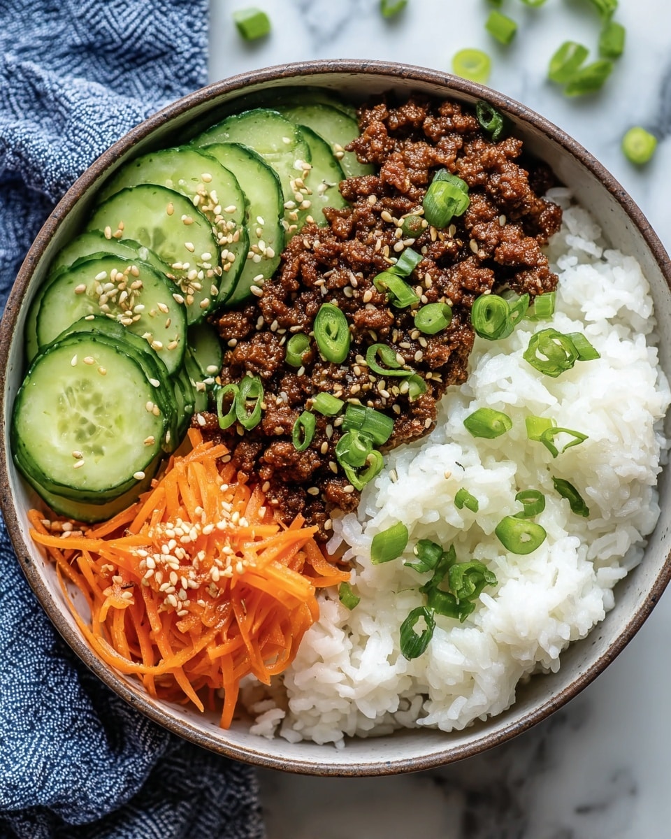A round bowl filled with four main layers arranged side by side: at the bottom right is a fluffy mound of white rice with some chopped green onions on top, next to it in the center is brown, finely minced cooked meat sprinkled with sesame seeds and green onion slices, on the top right are thin orange carrot strips also sprinkled with sesame seeds and small green onion pieces, and on the left side, thinly sliced cucumber rounds with visible seeds, also topped with sesame seeds. The bowl sits on a white marbled surface with part of a blue cloth nearby. photo taken with an iphone --ar 4:5 --v 7