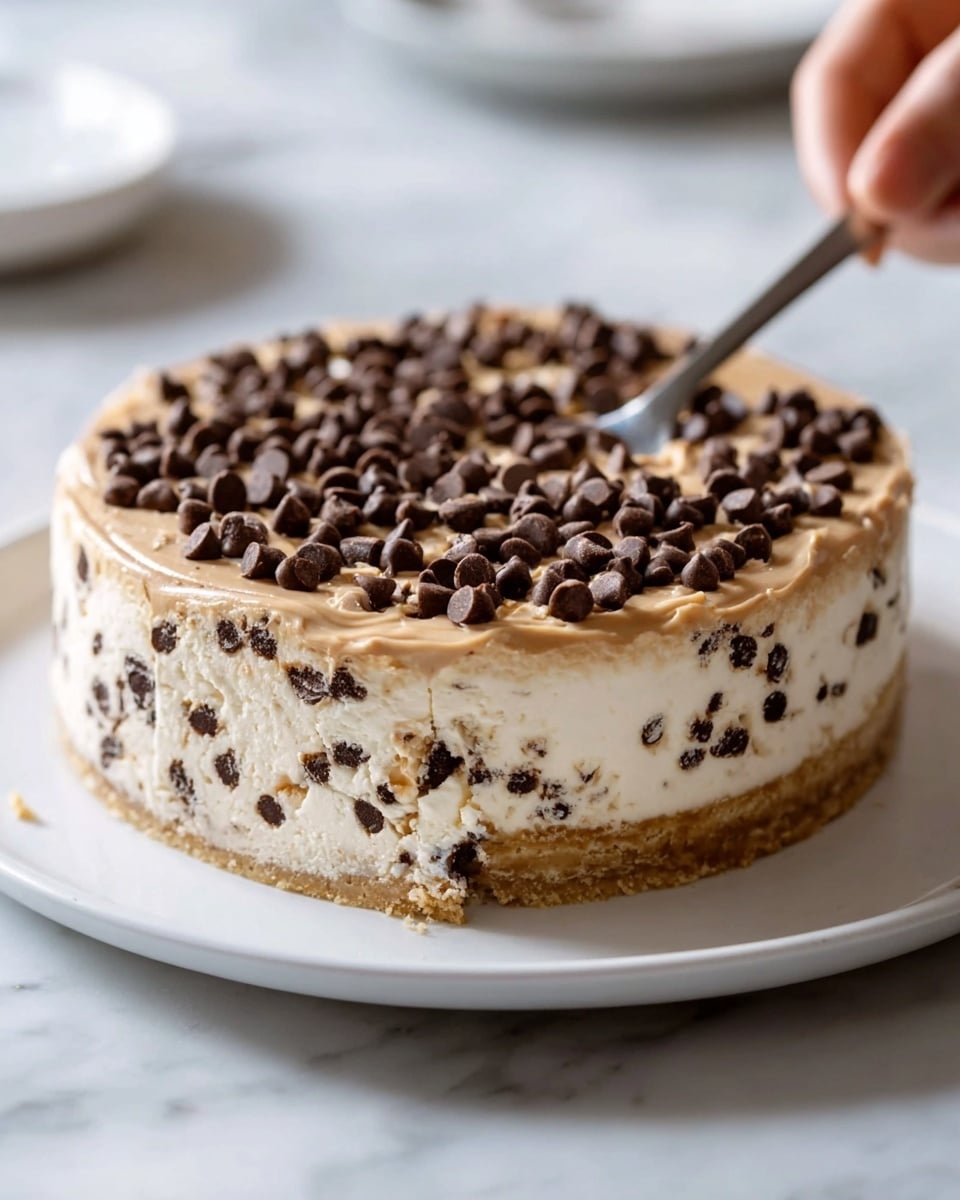The image shows a round dessert with three layers on a white plate, placed on a white marbled surface. The bottom layer is a thick, light brown crust that looks firm and crumbly. The middle layer is thick, creamy white with small dark chocolate chip bits spread evenly throughout. The top layer is a smooth light caramel or peanut butter color spread thickly, covered generously with many dark chocolate chips. A woman's hand with a spoon is seen near the dessert, suggesting it is ready to be served or eaten photo taken with an iphone --ar 4:5 --v 7