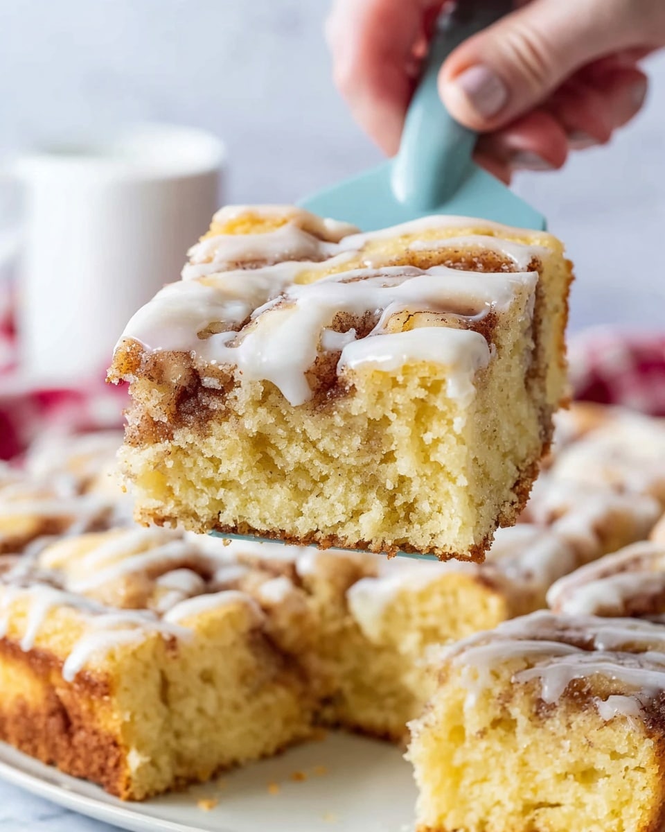 A close-up view of a square piece of yellow cake with a soft crumb, held by a woman's hand gripping a knife with a blue handle. The cake slice has two visible layers: a bottom layer of moist yellow cake and a thin middle layer of brown cinnamon swirl running through it. The top layer is thick white icing that covers the entire surface, dripping slightly on the sides. Below the slice, the rest of the cake is white-glazed and cut into squares, placed on a white marbled surface with a blurred red cloth and a white container in the background. Photo taken with an iphone --ar 4:5 --v 7