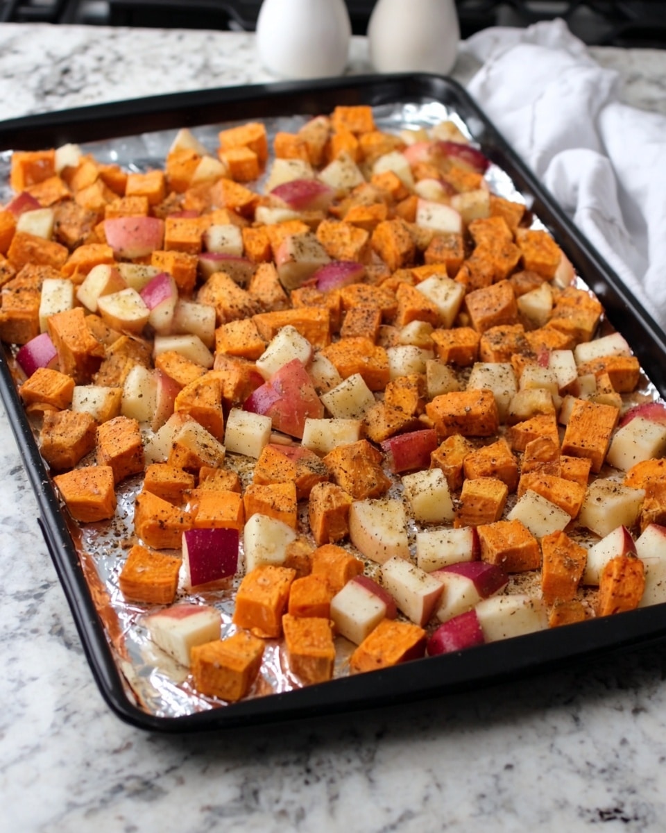 The image shows a large black baking tray lined with shiny silver foil, filled with small cubes of evenly spread orange sweet potatoes and pieces of apple with red skin and white flesh. The cubes are seasoned with a light sprinkle of dark spices, creating a speckled pattern on the surface. The tray is placed on a white marbled counter, and in the background, there is a garlic bulb and white salt and pepper shakers. The photo taken with an iphone --ar 4:5 --v 7