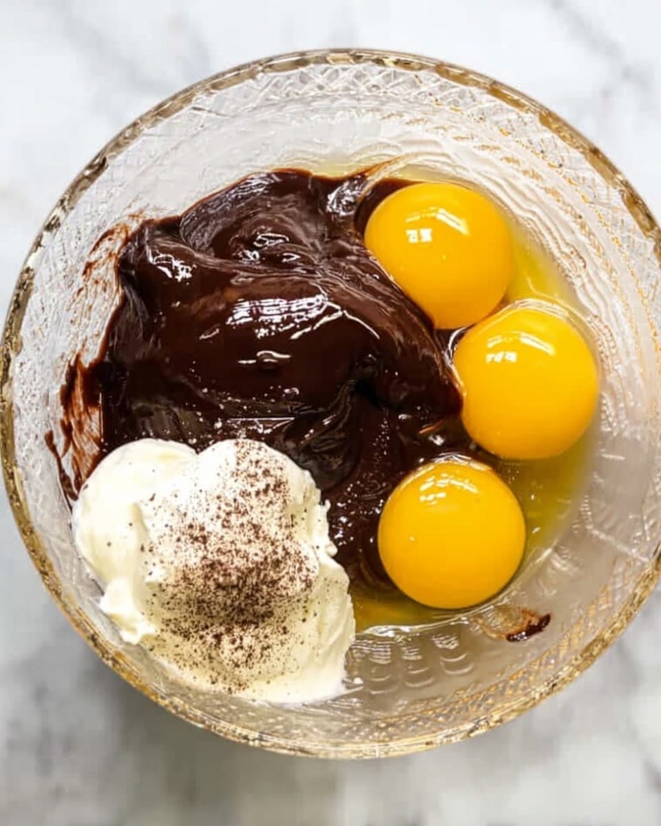 A clear glass bowl sits on a white marbled surface, filled with three whole bright yellow egg yolks in clear egg whites on one side. Next to the eggs is a thick, glossy dark brown chocolate paste, smooth and slightly shiny. A dollop of white cream and a sprinkle of beige powder with dark specks rest near the edge of the bowl, all untouched and ready to be mixed. The glass bowl has a patterned rim and shows light reflections. photo taken with an iphone --ar 4:5 --v 7