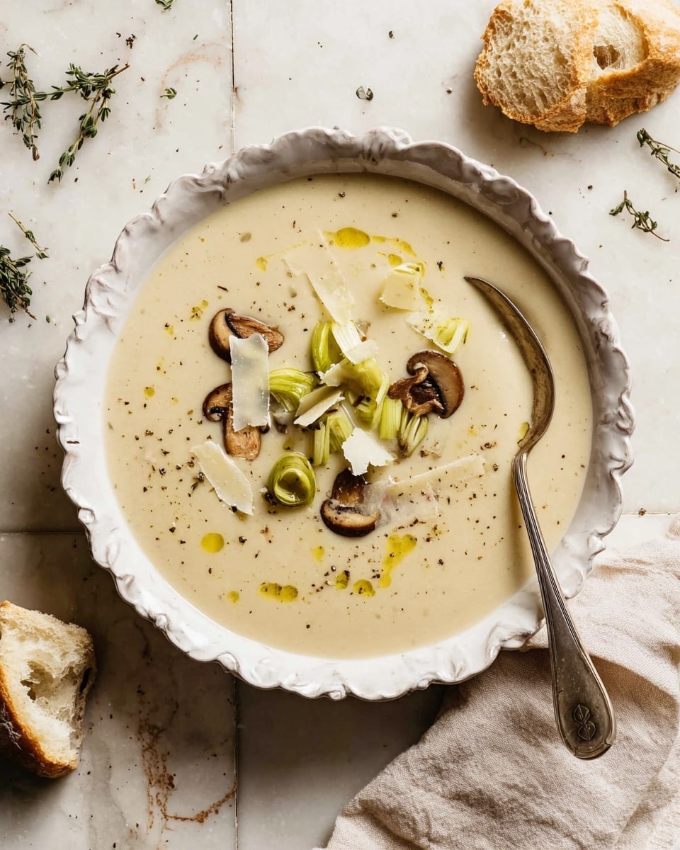 A creamy beige soup fills a white scalloped bowl, topped with small slices of light green leeks and brown mushroom pieces. Thin strips of white cheese are scattered on the soup's surface, along with cracked black pepper sprinkled lightly around. A slight drizzle of yellow oil adds shine. A silver spoon rests on the right edge of the bowl, which sits on a white marbled tile surface. Pieces of crusty bread lie nearby, and a beige cloth napkin is folded next to the bowl. Sprigs of herbs are placed on the top left side of the scene. photo taken with an iphone --ar 4:5 --v 7