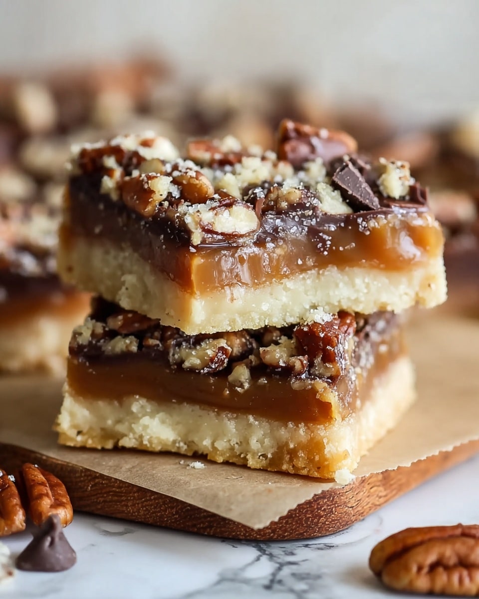 The image shows two square layered dessert bars stacked on each other on a piece of parchment paper atop a wooden board. The bottom layer is a pale, crumbly cookie base. On top is a thick caramel layer with a smooth, shiny texture. The top layer is covered with uneven chunks of dark chocolate and chopped pecans, adding a mix of dark brown and light tan colors with a rough texture. The background is a white marbled surface with some scattered pecans blurred out in the foreground. Photo taken with an iphone --ar 4:5 --v 7