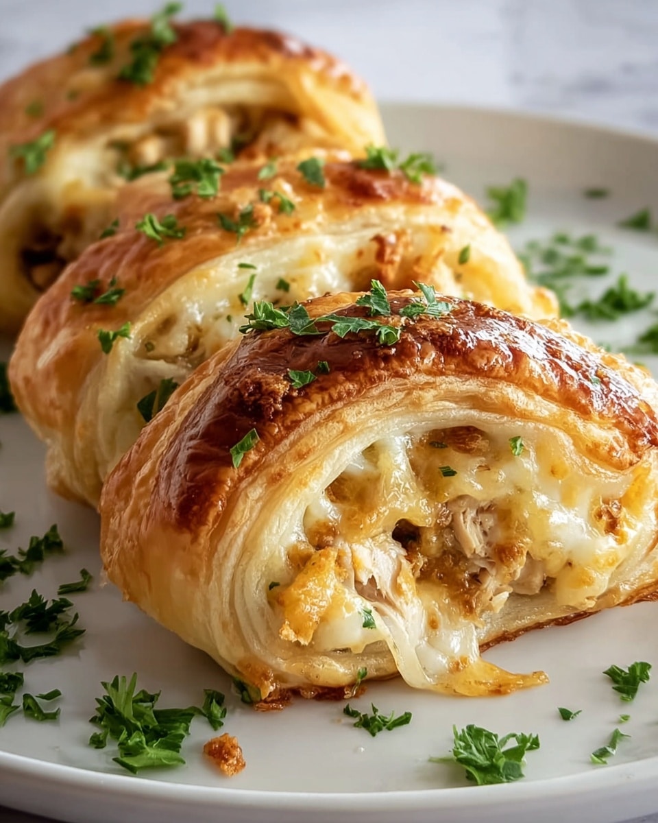 The image shows three golden brown puff pastry rolls placed in a row on a white plate over a white marbled surface. Each roll has a flaky, shiny outer layer with a slight sheen, and inside there are visible layers of melted cheese that is white and yellowish. The cheese layer looks soft and stretchy, mixed with chunks of light-colored chicken and bits of browned onions. Small pieces of green parsley are sprinkled on top of the rolls and scattered around the plate, adding a fresh touch. The focus is close, showing clear textures of the pastry and filling. Photo taken with an iphone --ar 4:5 --v 7
