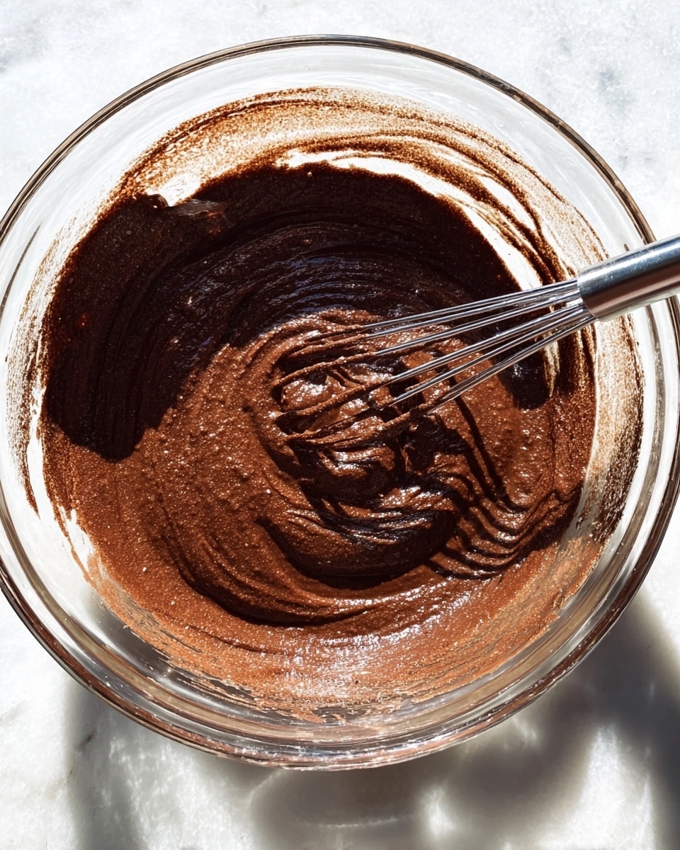 A clear glass bowl filled with thick, smooth, dark brown chocolate batter is shown. The batter has a slightly textured surface with swirls made by a metal whisk that is partially dipped into the mixture on the right side. The inside edge of the bowl is coated with some batter streaks. The bowl sits on a white marbled surface with bright natural light casting soft shadows. Photo taken with an iphone --ar 4:5 --v 7