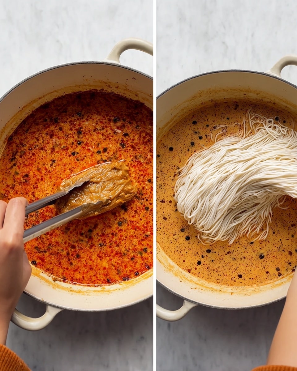 The first image shows a white pan with a reddish-brown spicy sauce that has a textured surface with small dark spots. In the center, a woman's hand with tongs holds a golden-brown piece of cooked meat, partially submerged in the sauce. The second image features the same white pan but now filled with a creamy, orange-brown sauce with dark specks scattered around. A woman's hand is adding a bundle of uncooked white noodles, which have a smooth, stringy texture, resting on top of the sauce. The background is a white marbled texture. Photo taken with an iphone --ar 4:5 --v 7