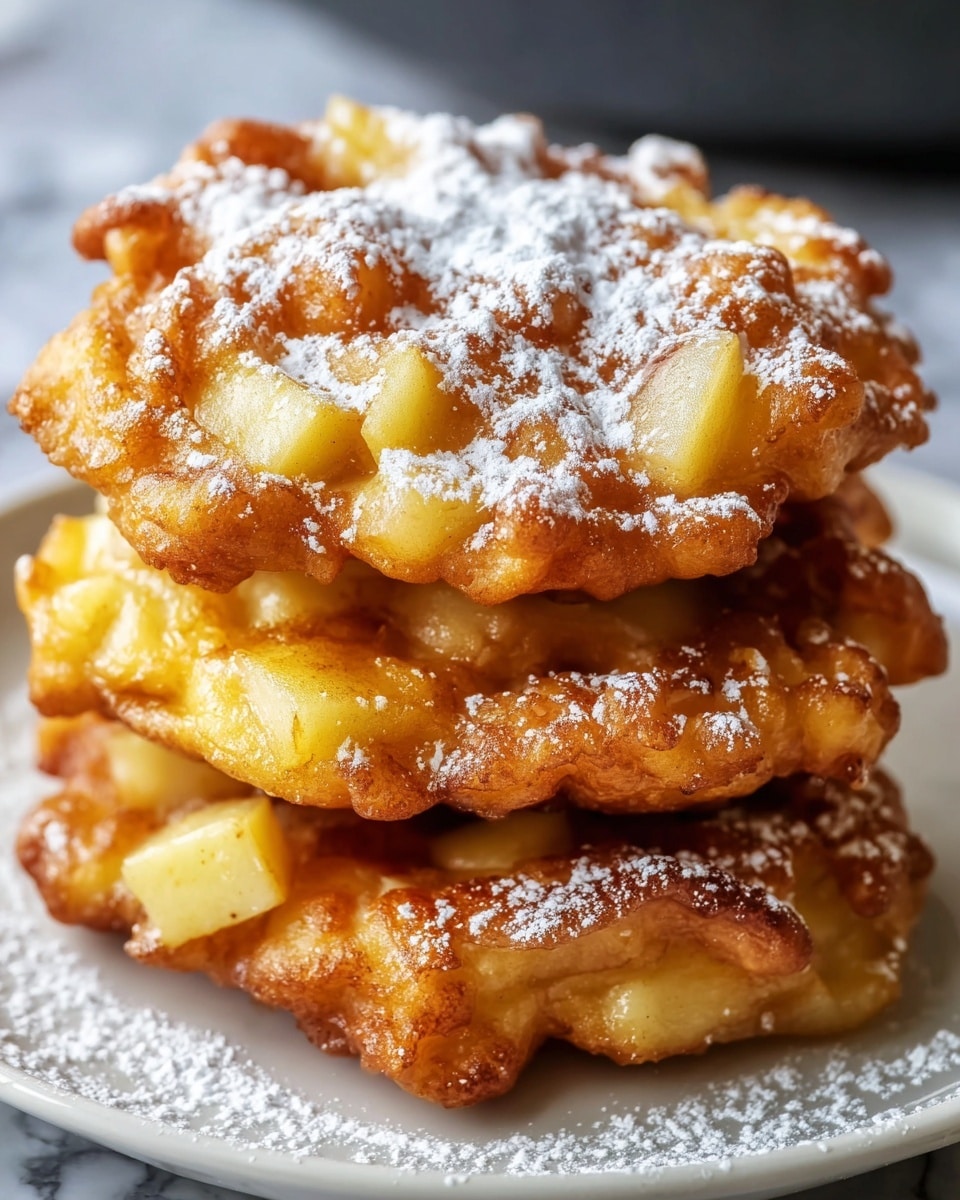 Three golden brown apple fritters are stacked on a white plate, each fritter thick and lumpy with pieces of light yellow apple visible inside. The crispy edges of the fritters have a slightly darker brown color with a textured, rough surface. A dusting of white powdered sugar is sprinkled unevenly over the top fritter, adding a soft contrast to the warm tones. The plate sits on a white marbled surface, and the background is softly blurred, drawing focus to the fritters. photo taken with an iphone --ar 4:5 --v 7