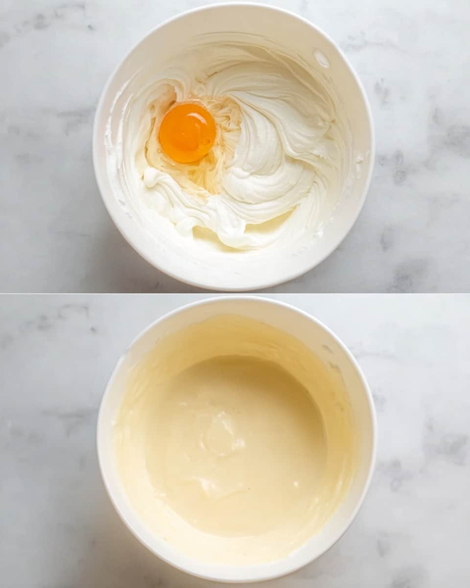 Two white bowls sit on a white marbled surface, each filled with batter at different stages. The left bowl shows thick, whipped white cream textured with swirls, topped with a raw egg yolk cracked open on one side, the yolk bright orange with gel-like texture and the clear egg white partially settled around it. The right bowl contains smooth, light yellow batter with a creamy and slightly frothy texture, perfectly mixed without lumps. photo taken with an iphone --ar 4:5 --v 7
