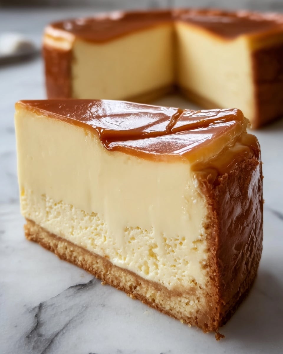 The image shows a creamy cheesecake with two main layers. The bottom layer is a thin, golden brown crust with a slightly crumbly texture. Above it is a thick, smooth, pale yellow cheesecake layer that looks dense and creamy. The top has a shiny, caramel-colored glaze with a visible deep crack running down the center. The cheesecake is placed on a white marbled surface, and two slices of the cheesecake are blurred in the background. Photo taken with an iphone --ar 4:5 --v 7
