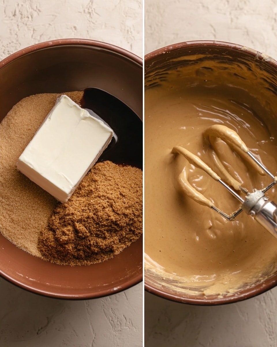 The image shows two side-by-side views of a mixing bowl with ingredients for a batter or sauce. On the left side, a white block of cream cheese sits on top of a pile of brown sugar and dark syrup inside a brown bowl, all resting on a surface textured with white marble. On the right side, the same bowl contains the smooth, light brown, thick mixture after being blended, with electric mixer beaters covered in the creamy batter visible on the right edge. Photo taken with an iphone --ar 4:5 --v 7