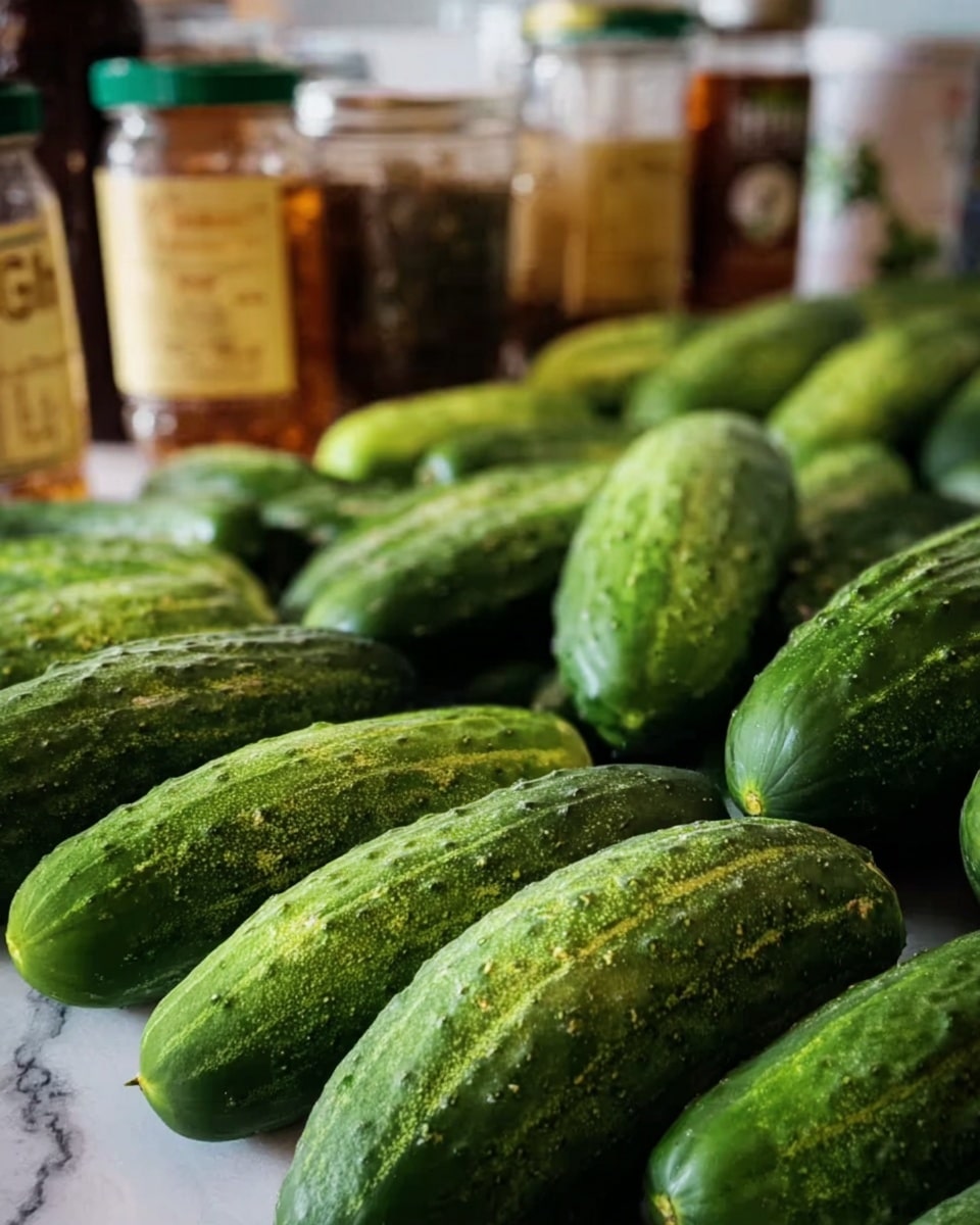 The image shows many fresh cucumbers laid out in rows, covering the surface from the front to the back. The cucumbers have a rich green color with bumpy textures typical of fresh produce, fading from darker to lighter green shades along their length. Behind the cucumbers are several blurred jars and containers with spices and vinegar, adding context to a kitchen setting. The cucumbers rest on a white marbled texture surface. The photo has a close-up and slightly low angle focus on the cucumbers, highlighting their detail. photo taken with an iphone --ar 4:5 --v 7