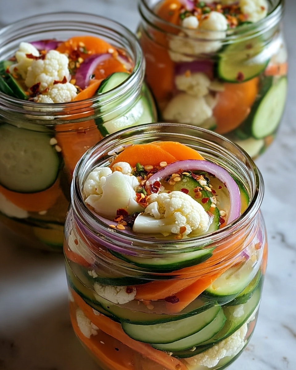 Three glass jars are filled with layers of sliced cucumber, orange carrot rounds, white cauliflower florets, and thin rings of purple onion. The vegetables are submerged in clear liquid, with a sprinkle of black pepper and red chili flakes on top for seasoning. The texture of the cucumbers is smooth with dark green edges, while the carrots and cauliflower provide a mix of soft and firm colors and shapes. The jars are shown close up on a white marbled surface, creating a fresh and colorful pickled vegetable scene. Photo taken with an iphone --ar 4:5 --v 7