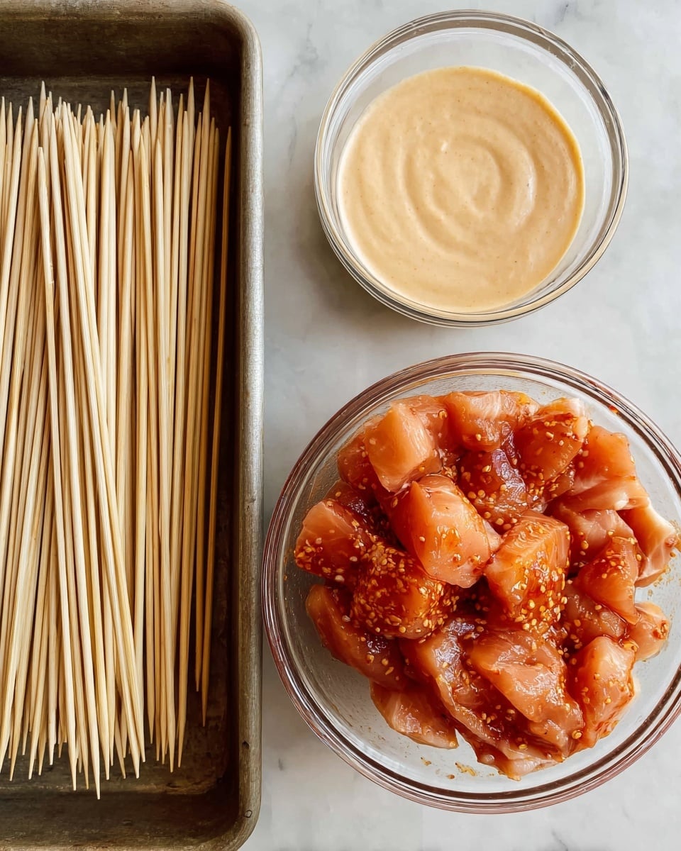 The image shows a top view of a metal tray filled with long, thin wooden skewers on the left side. To the right, there is a white marbled surface holding two glass bowls: the larger bowl at the bottom is filled with cubed raw chicken pieces marinated in an orange-red sauce with visible spices, and the smaller bowl at the top contains a creamy light beige dipping sauce with a smooth texture. The items are arranged neatly in a clean, simple layout. photo taken with an iphone --ar 4:5 --v 7
