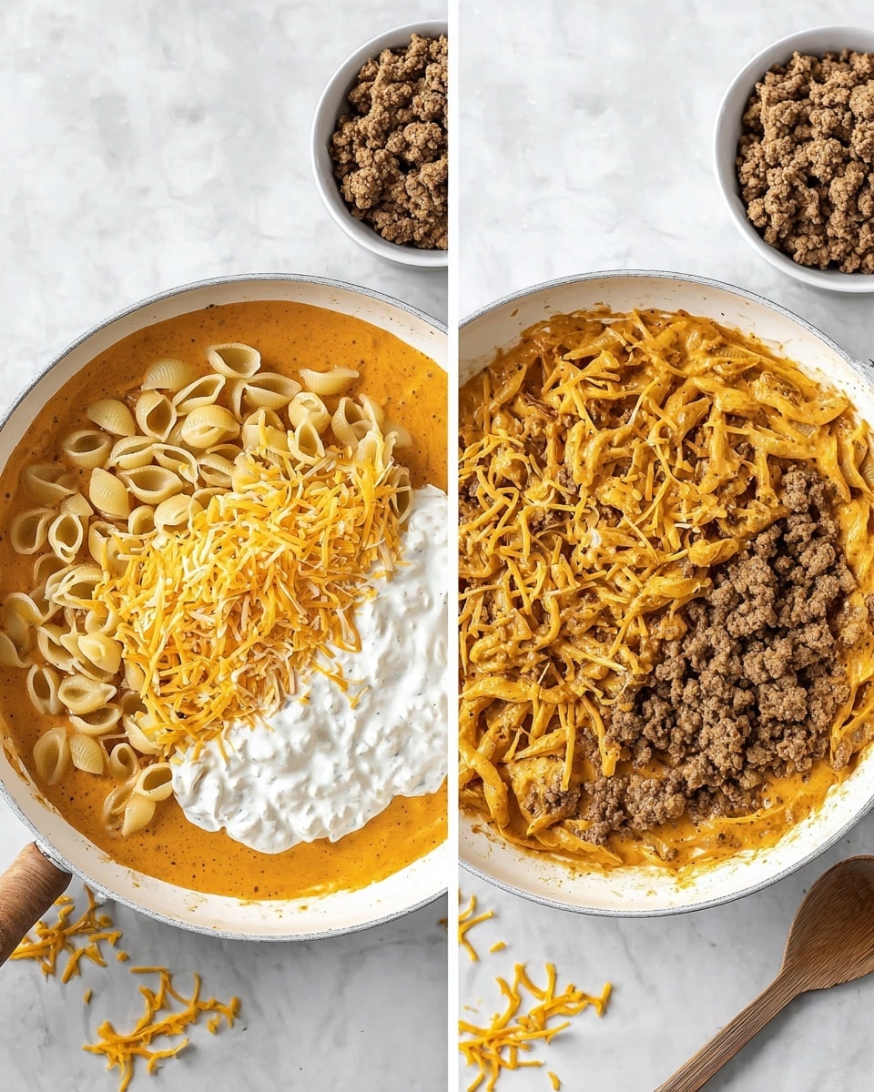 The image shows two views of the same white pan with a wooden handle on a white marbled surface. In the left view, the pan contains three layers: the bottom layer is shell pasta covered in a thick orange sauce, the middle layer is a white creamy sauce spread unevenly, and the top layer is a pile of shredded yellow cheese in the center. Above the pan is a small white bowl filled with cooked ground meat. In the right view, the contents of the pan have changed to two layers: the bottom layer is the pasta mixed with the orange sauce, now fully covered, and the top layer is the cooked ground meat spread over half of the pasta surface. Scattered shredded cheese pieces and a wooden spoon are also visible near the pan. photo taken with an iphone --ar 4:5 --v 7