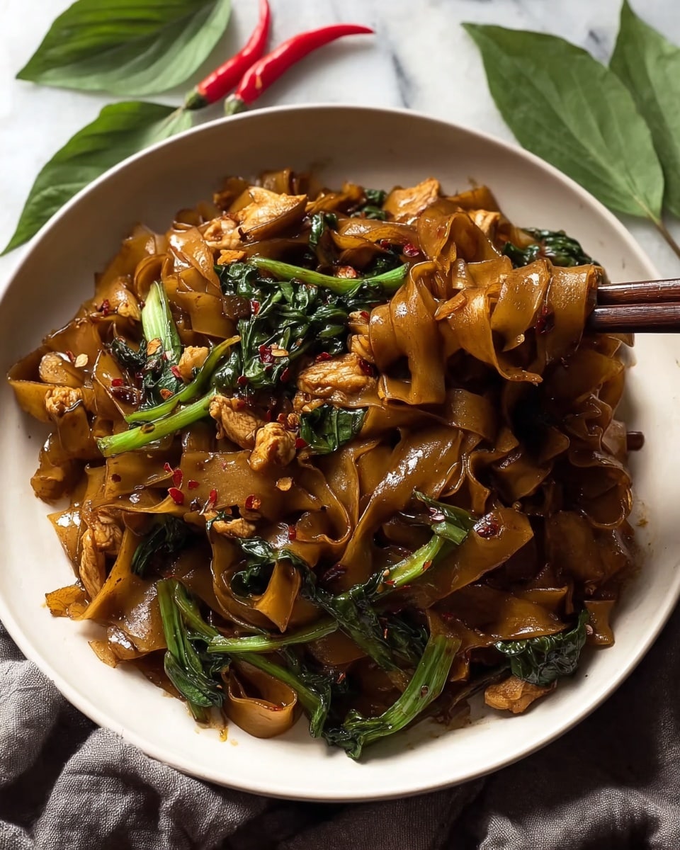 A close-up view of a white bowl filled with wide, flat noodles coated in a dark brown glossy sauce mixed with small pieces of cooked light brown chicken and bright green leafy vegetables and green stems scattered throughout. Red chili flakes are visible on the noodles, adding small flecks of red over the glossy surface. A pair of brown chopsticks rests on the edge of the bowl, holding some noodles. Around the bowl, there are green leaves and red chili peppers, all set on a white marbled surface with a soft gray cloth nearby. The lighting highlights the shiny texture of the sauce and the freshness of the greens. photo taken with an iphone --ar 4:5 --v 7