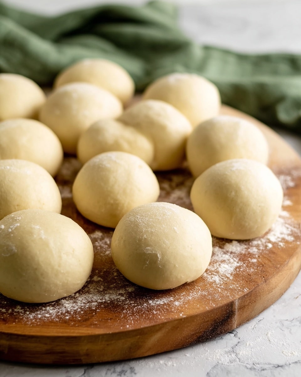 The image shows many dough balls arranged closely together on a round wooden board. Each dough ball is smooth and pale creamy in color with a soft texture. The wooden board has some scattered white flour on it, creating a light dusting under and around the dough balls. The background is a white marbled texture, and part of a green cloth is visible in the top right corner. The image has a soft natural light with a clear focus on the dough balls in the front, while the ones in the back are slightly blurred. photo taken with an iphone --ar 4:5 --v 7